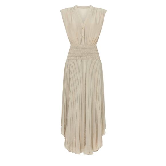 Ray Brook Beige Pleated Midi Dress SMALL Blouson Smocked Designer Romantic $565 - Picture 8 of 11